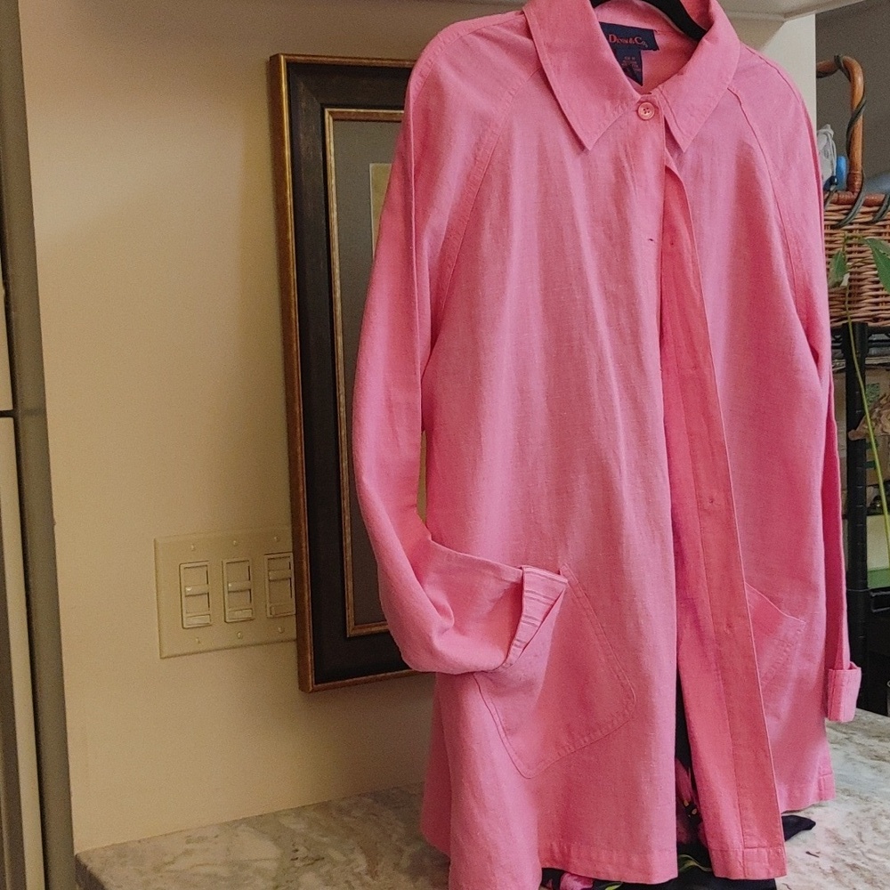 Denim & Co. Pink Oversized Linen Cotton Shirt Patch Pockets Size M - Picture 7 of 15